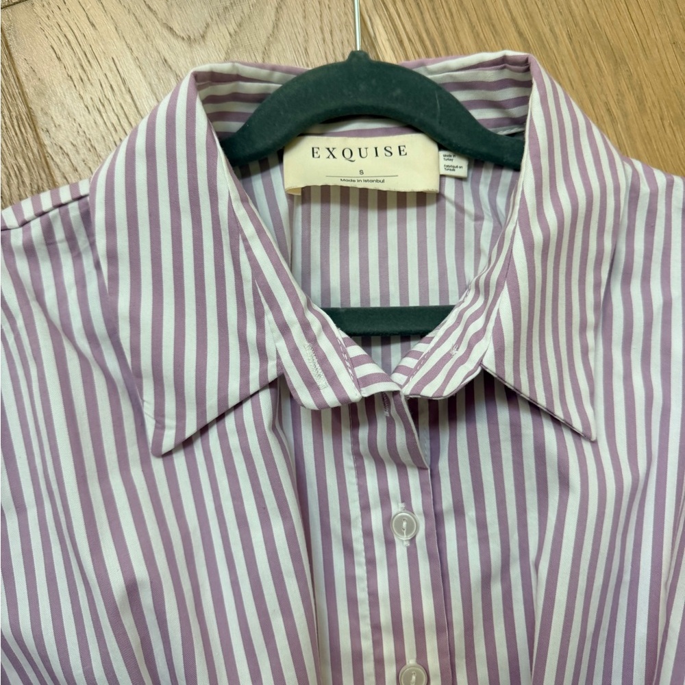 Anthropologie Exquise Striped Button-Up Peplum Shirt in Lavender and White - Picture 4 of 5